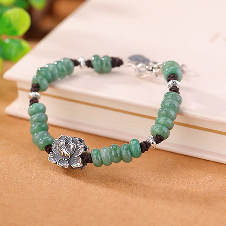 Bracciale Buddha Stones in argento sterling 925 con giada naturale, loto, fortuna, pace e gioia