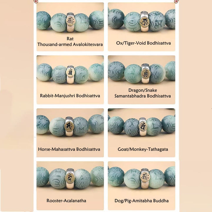 Bracciale della saggezza inciso con Buddha Stones dello zodiaco cinese natale Buddha Bodhi Om Mani Padme Hum