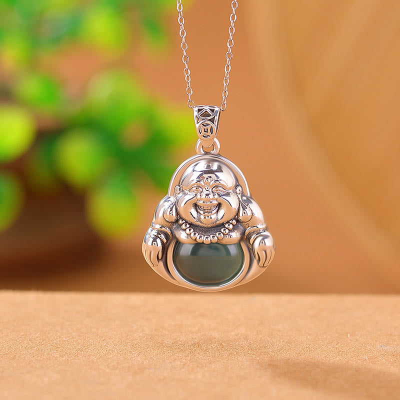 Collana con ciondolo a forma di loto in giada ciano con ciondolo a Buddha Stones in argento sterling 999 - image 1