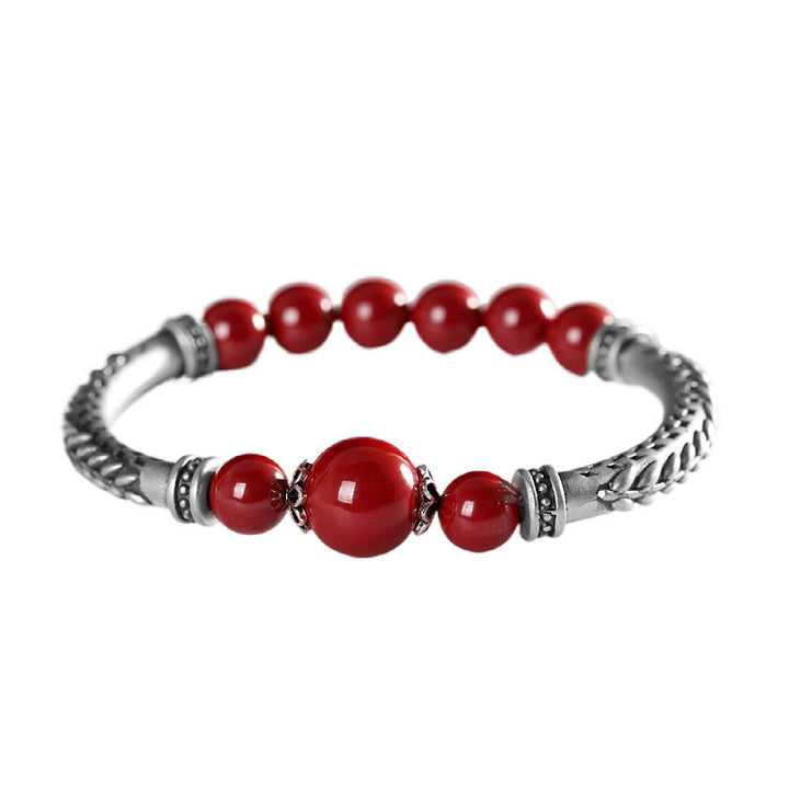 Buddha Stones 999 Sterling Silver Cinnabar Wheat Spighe Benedizione Bracciale Bangle
