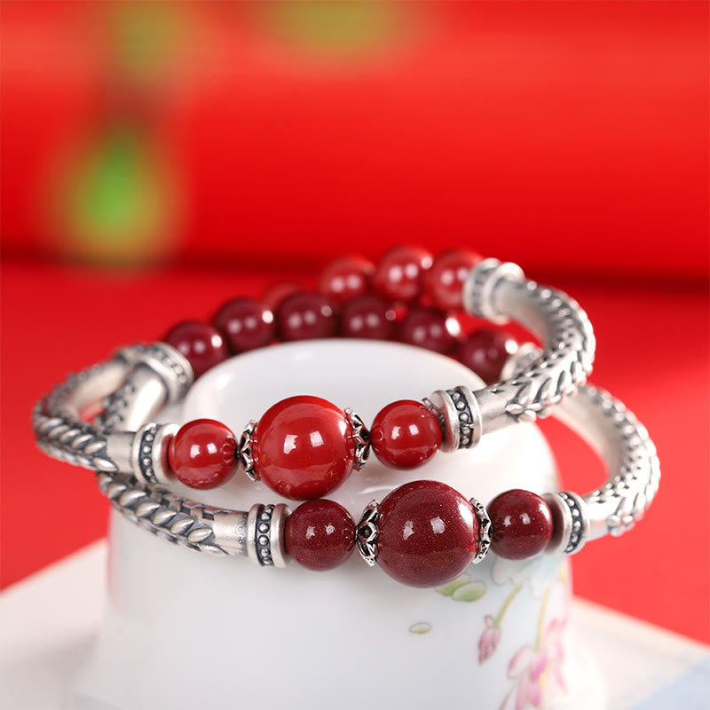 Buddha Stones 999 Sterling Silver Cinnabar Wheat Spighe Benedizione Bracciale Bangle