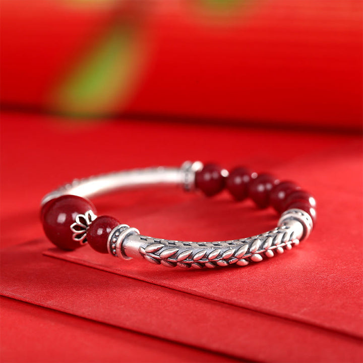 Buddha Stones 999 Sterling Silver Cinnabar Wheat Spighe Benedizione Bracciale Bangle