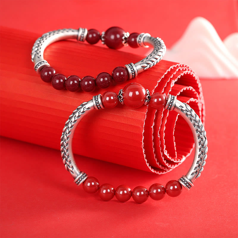 Buddha Stones 999 Sterling Silver Cinnabar Wheat Spighe Benedizione Bracciale Bangle