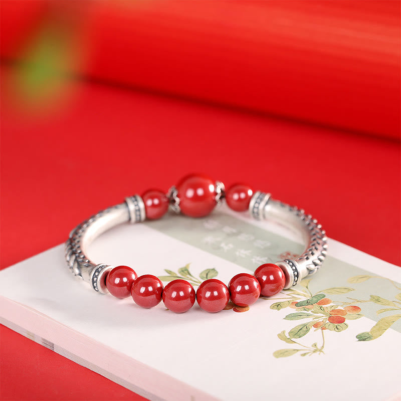 Buddha Stones 999 Sterling Silver Cinnabar Wheat Spighe Benedizione Bracciale Bangle