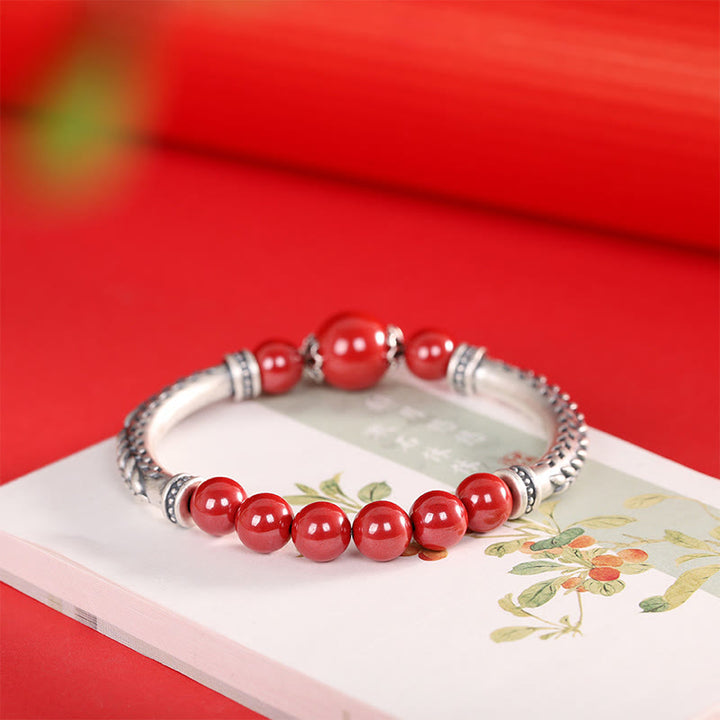 Buddha Stones 999 Sterling Silver Cinnabar Wheat Spighe Benedizione Bracciale Bangle