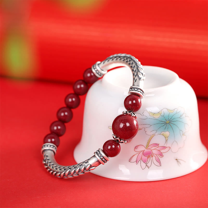 Buddha Stones 999 Sterling Silver Cinnabar Wheat Spighe Benedizione Bracciale Bangle