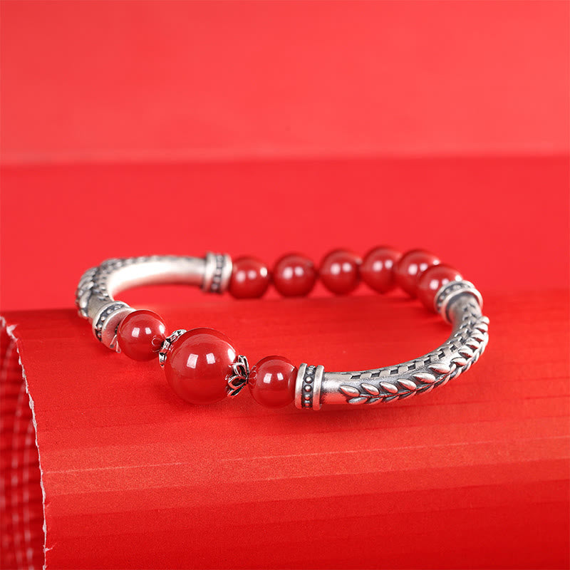 Buddha Stones 999 Sterling Silver Cinnabar Wheat Spighe Benedizione Bracciale Bangle