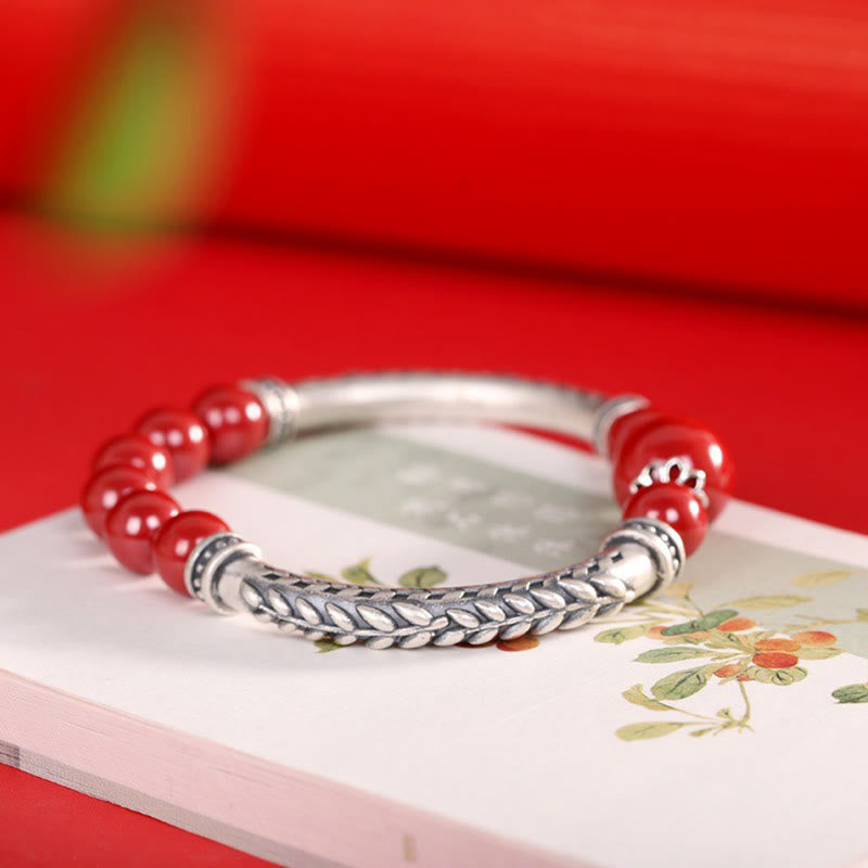 Buddha Stones 999 Sterling Silver Cinnabar Wheat Spighe Benedizione Bracciale Bangle
