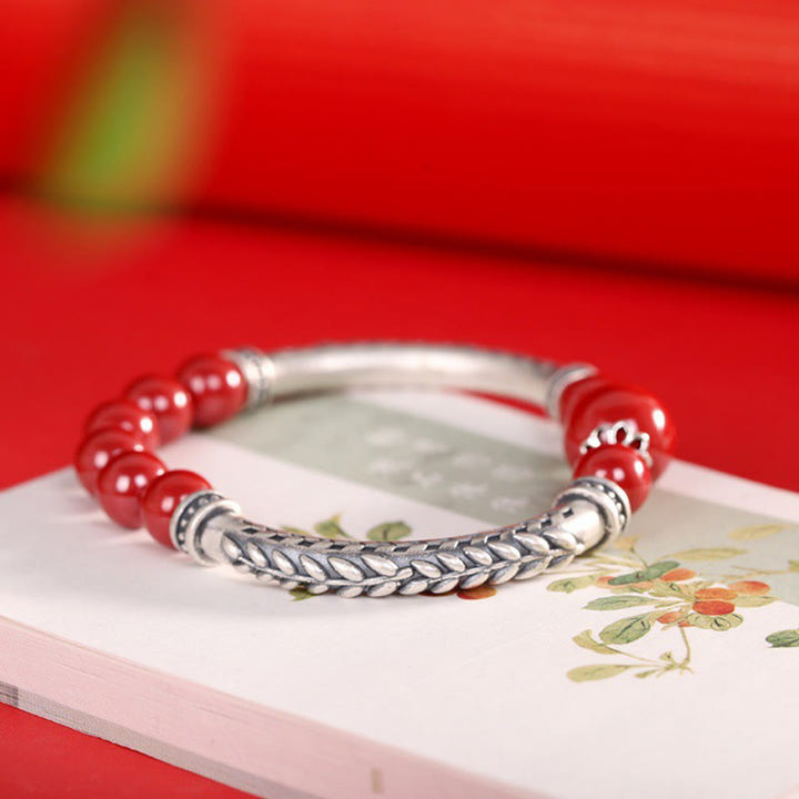 Buddha Stones 999 Sterling Silver Cinnabar Wheat Spighe Benedizione Bracciale Bangle
