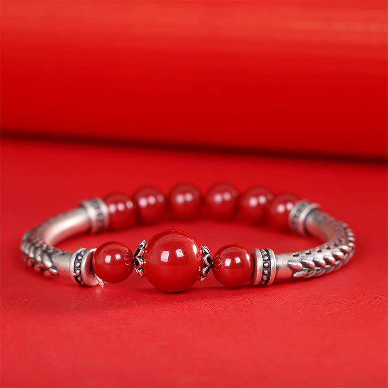 Buddha Stones 999 Sterling Silver Cinnabar Wheat Spighe Benedizione Bracciale Bangle