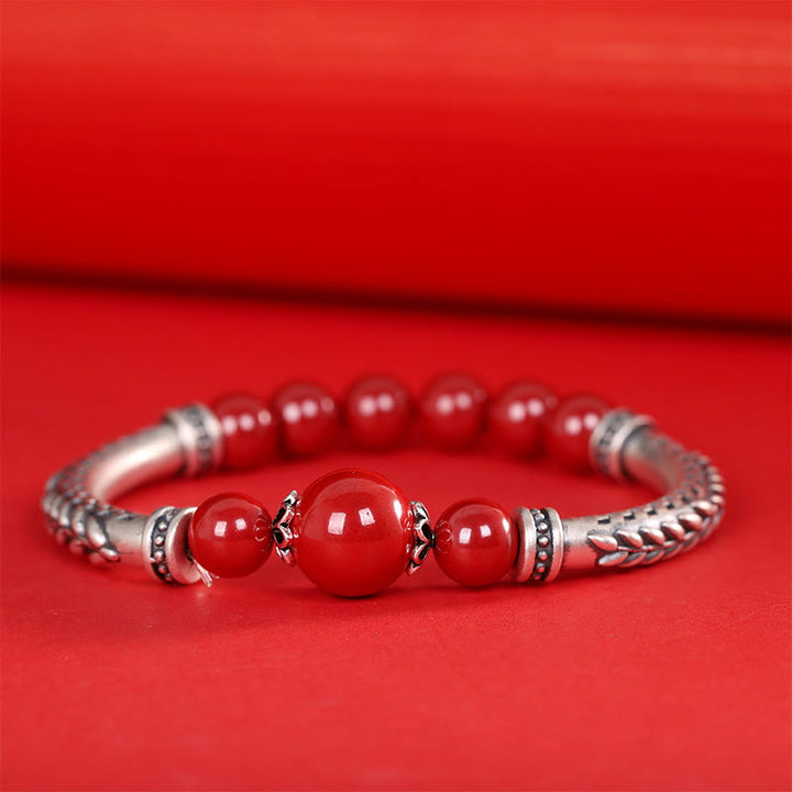 Buddha Stones 999 Sterling Silver Cinnabar Wheat Spighe Benedizione Bracciale Bangle