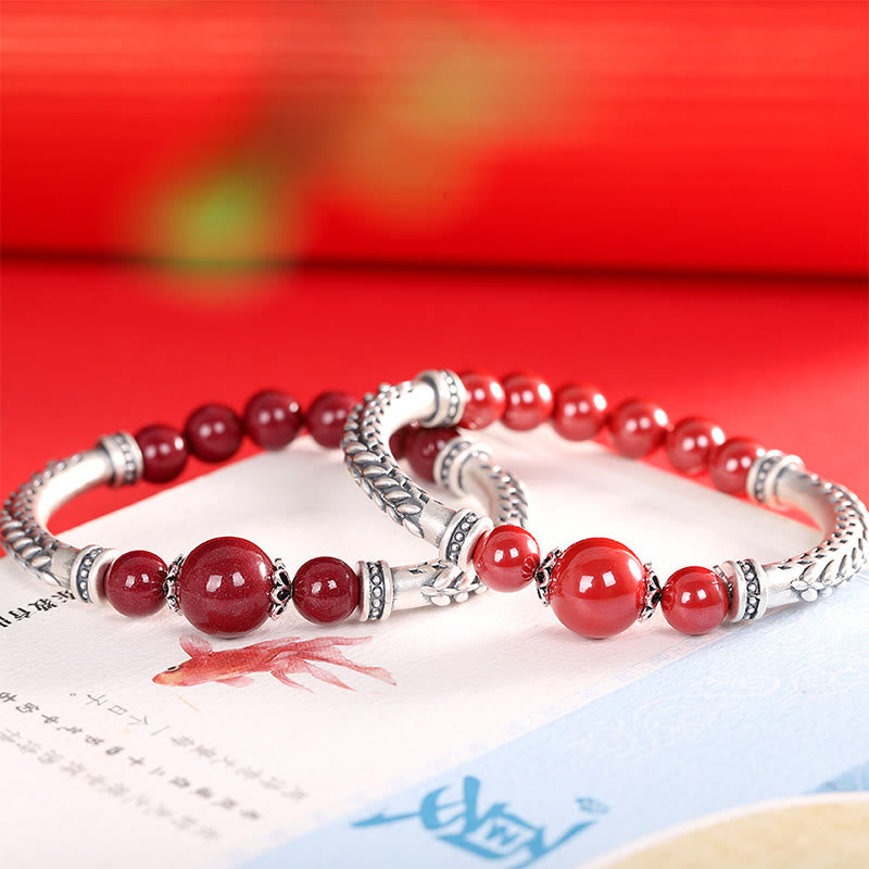 Buddha Stones 999 Sterling Silver Cinnabar Wheat Spighe Benedizione Bracciale Bangle