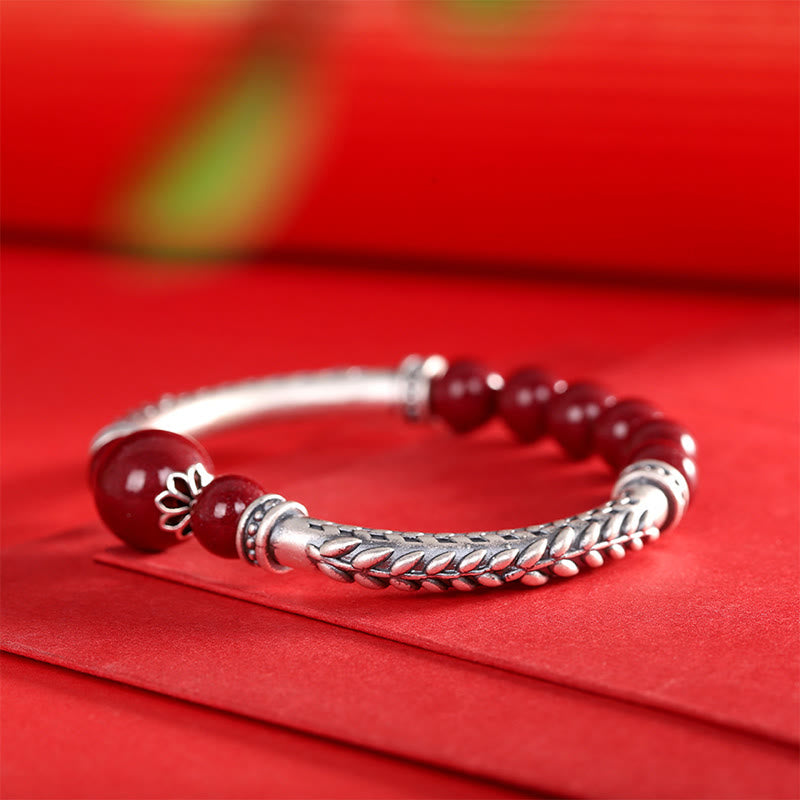 Buddha Stones 999 Sterling Silver Cinnabar Wheat Spighe Benedizione Bracciale Bangle - image 10