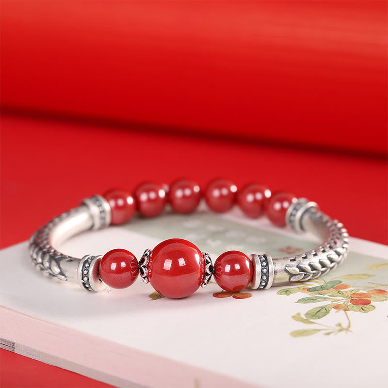 Buddha Stones 999 Sterling Silver Cinnabar Wheat Spighe Benedizione Bracciale Bangle - Cinabro rosso (circonferenza del polso: 14-16 cm) - image 0