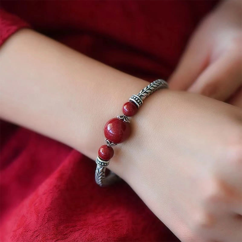 Buddha Stones 999 Sterling Silver Cinnabar Wheat Spighe Benedizione Bracciale Bangle