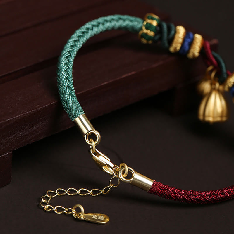 Braccialetto Buddha Stones 999 Sterling Silver Lotus Pod Design Luck Red Green String
