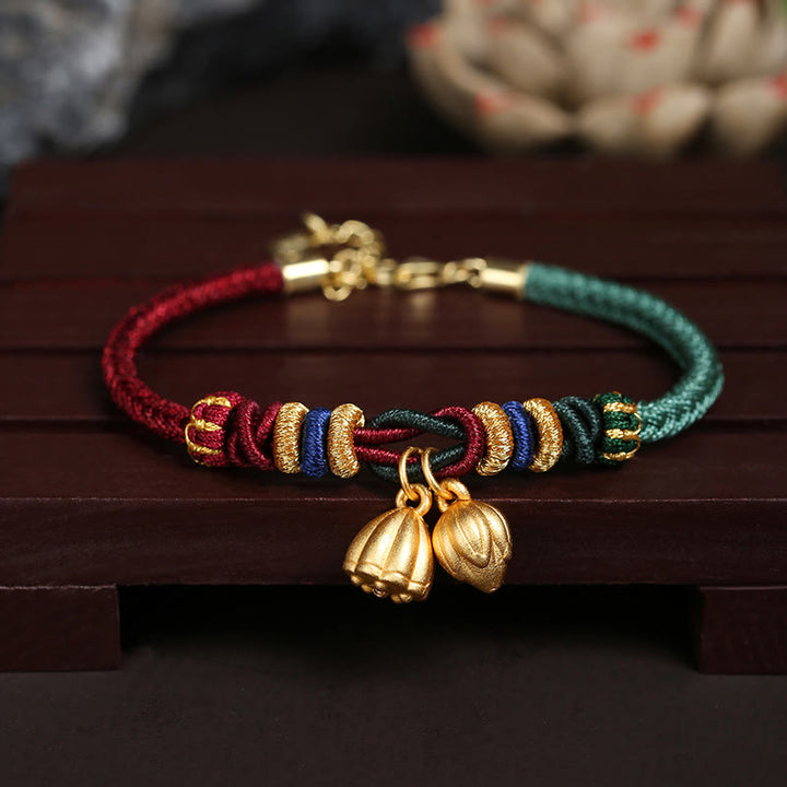 Braccialetto Buddha Stones 999 Sterling Silver Lotus Pod Design Luck Red Green String