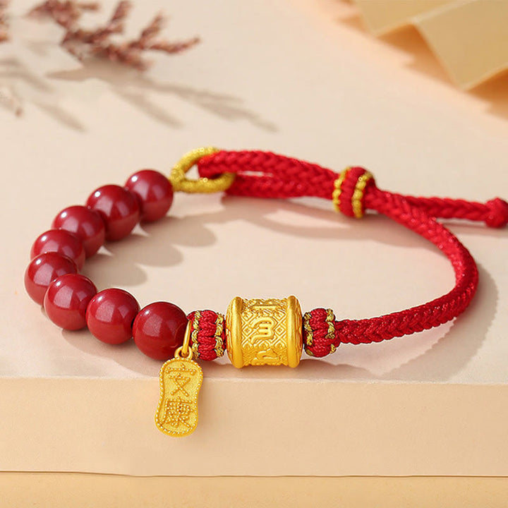 Braccialetto di corda di benedizione in argento sterling 999 con sei vere parole Om Mani Padme Hum e cinabro Buddha Stones