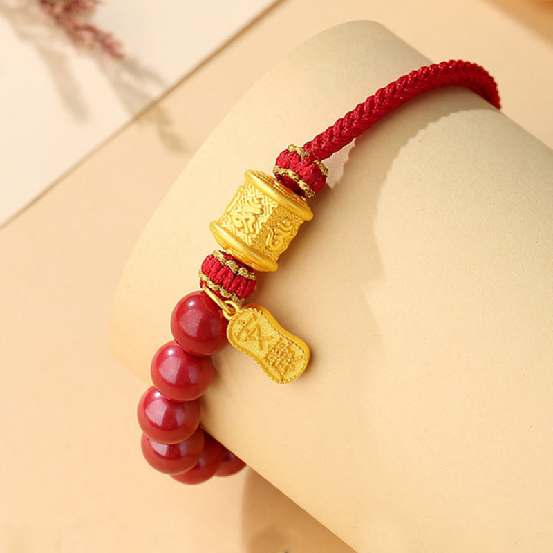 Braccialetto di corda di benedizione in argento sterling 999 con sei vere parole Om Mani Padme Hum e cinabro Buddha Stones
