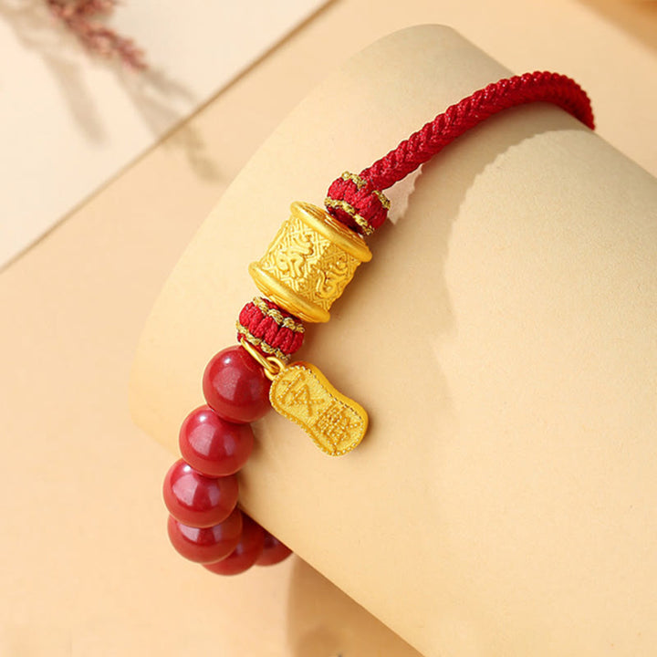 Braccialetto di corda di benedizione in argento sterling 999 con sei vere parole Om Mani Padme Hum e cinabro Buddha Stones