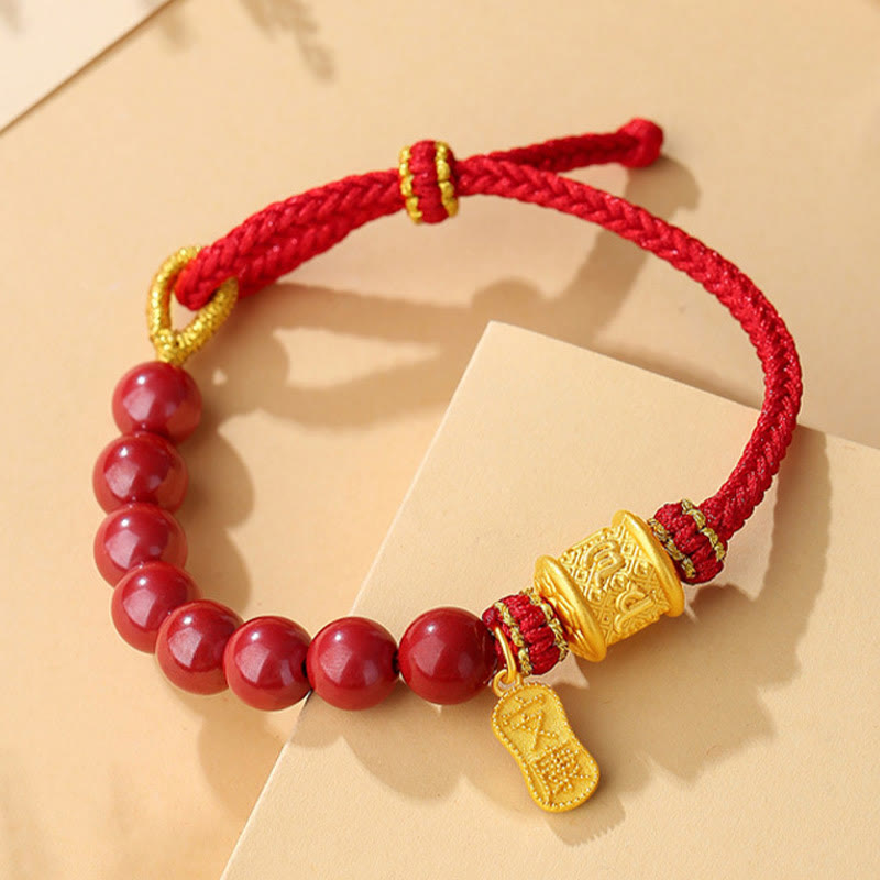 Braccialetto di corda di benedizione in argento sterling 999 con sei vere parole Om Mani Padme Hum e cinabro Buddha Stones