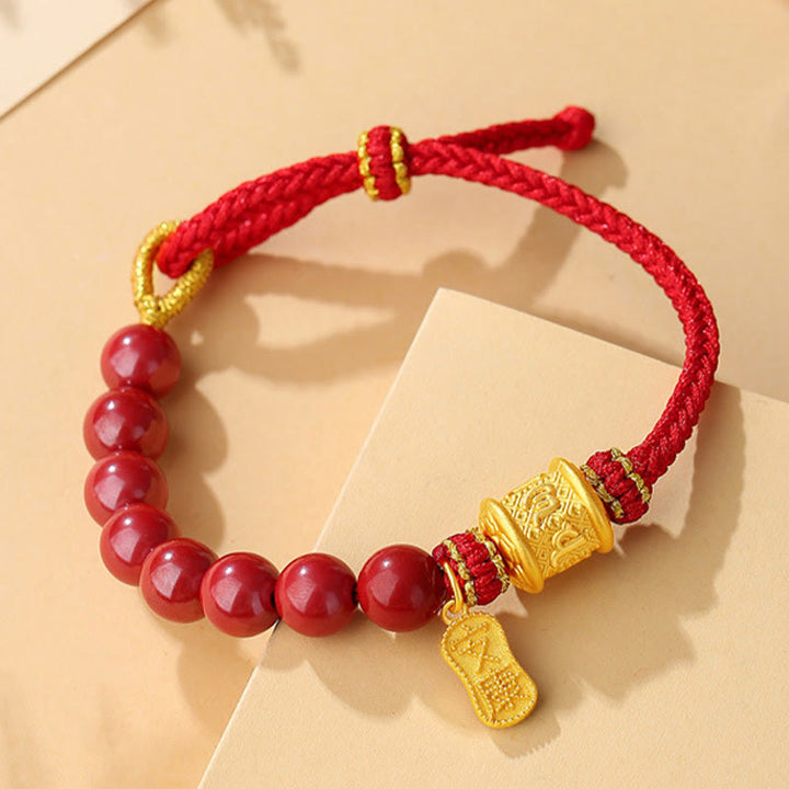 Braccialetto di corda di benedizione in argento sterling 999 con sei vere parole Om Mani Padme Hum e cinabro Buddha Stones