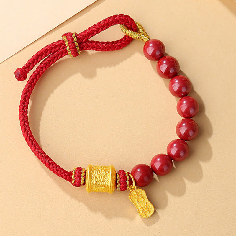 Braccialetto di corda di benedizione in argento sterling 999 con sei vere parole Om Mani Padme Hum e cinabro Buddha Stones