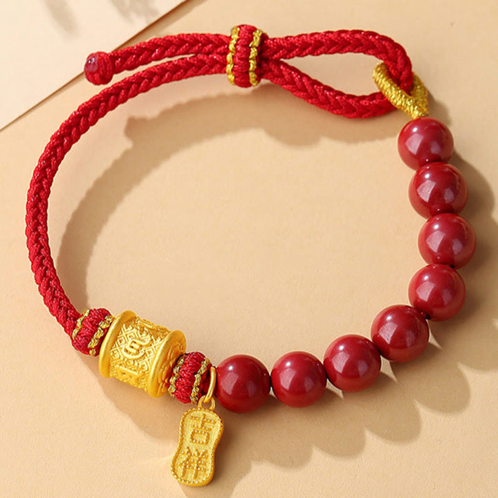 Braccialetto di corda di benedizione in argento sterling 999 con sei vere parole Om Mani Padme Hum e cinabro Buddha Stones