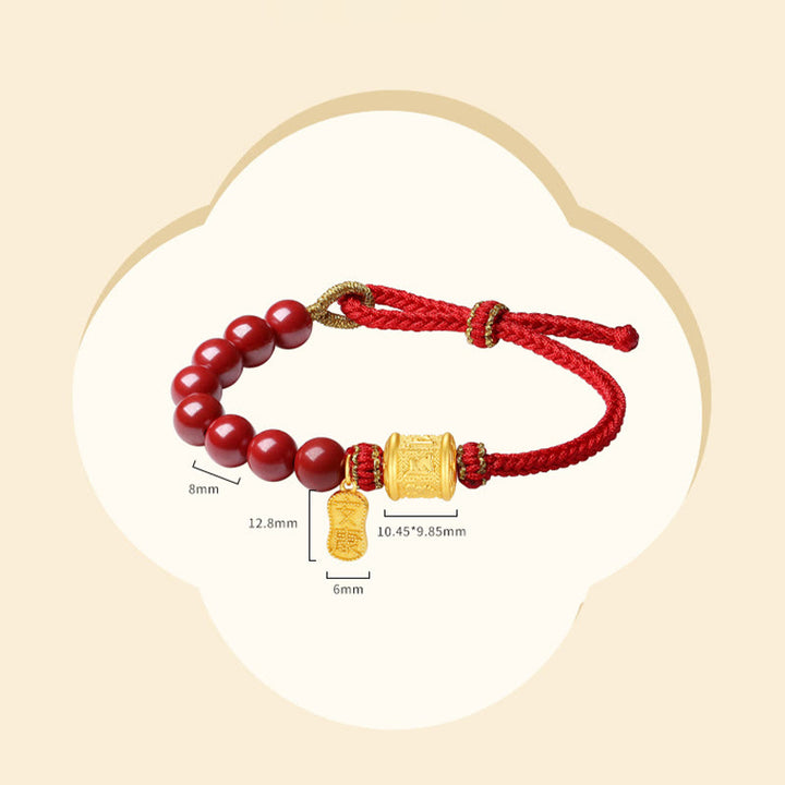 Braccialetto di corda di benedizione in argento sterling 999 con sei vere parole Om Mani Padme Hum e cinabro Buddha Stones