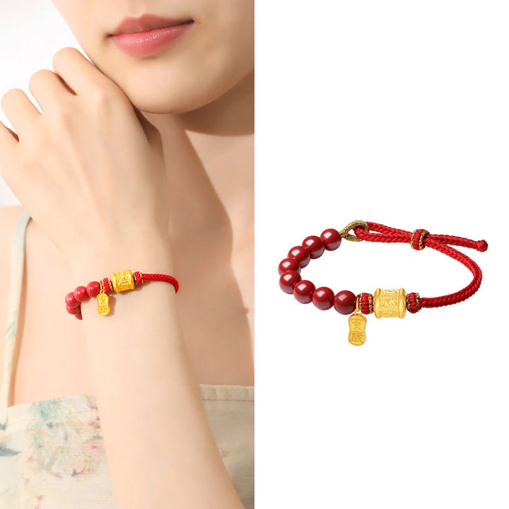 Braccialetto di corda di benedizione in argento sterling 999 con sei vere parole Om Mani Padme Hum e cinabro Buddha Stones