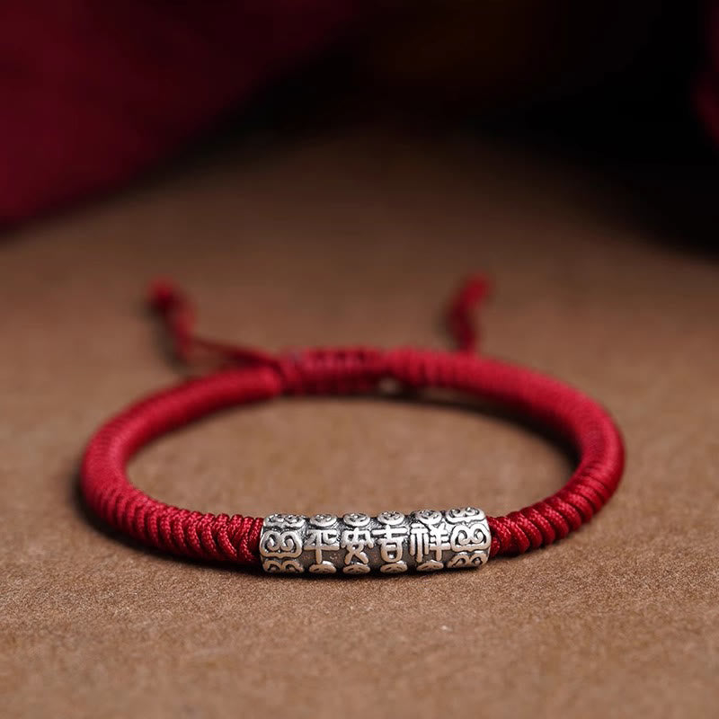 Braccialetto in corda portafortuna Om Mani Padme Hum in argento Sterling 999 fatto a mano con Buddha Stones - Rosso scuro (circonferenza polso 14-20 cm) - Pace e buona fortuna - image 0