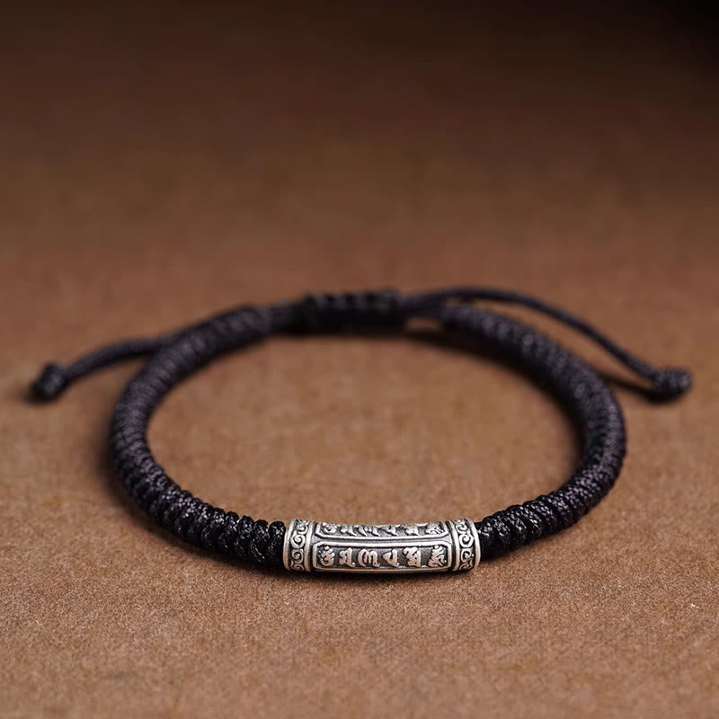 Braccialetto in corda portafortuna Om Mani Padme Hum in argento Sterling 999 fatto a mano con Buddha Stones - Nero (circonferenza polso 14-20 cm) - Om Mani Padme Hum - image 19