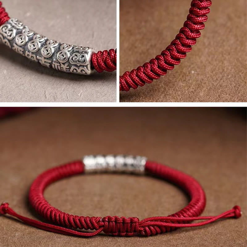 Braccialetto in corda portafortuna Om Mani Padme Hum in argento Sterling 999 fatto a mano con Buddha Stones