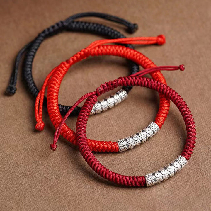 Braccialetto in corda portafortuna Om Mani Padme Hum in argento Sterling 999 fatto a mano con Buddha Stones