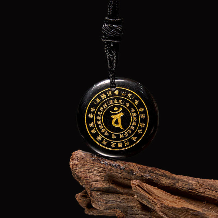 Buddha Stones Vairocana Tathagata Mantra Sanscrito Vari Cristalli Ossidiana Nera Avventurina Verde Forza Collana Pendente