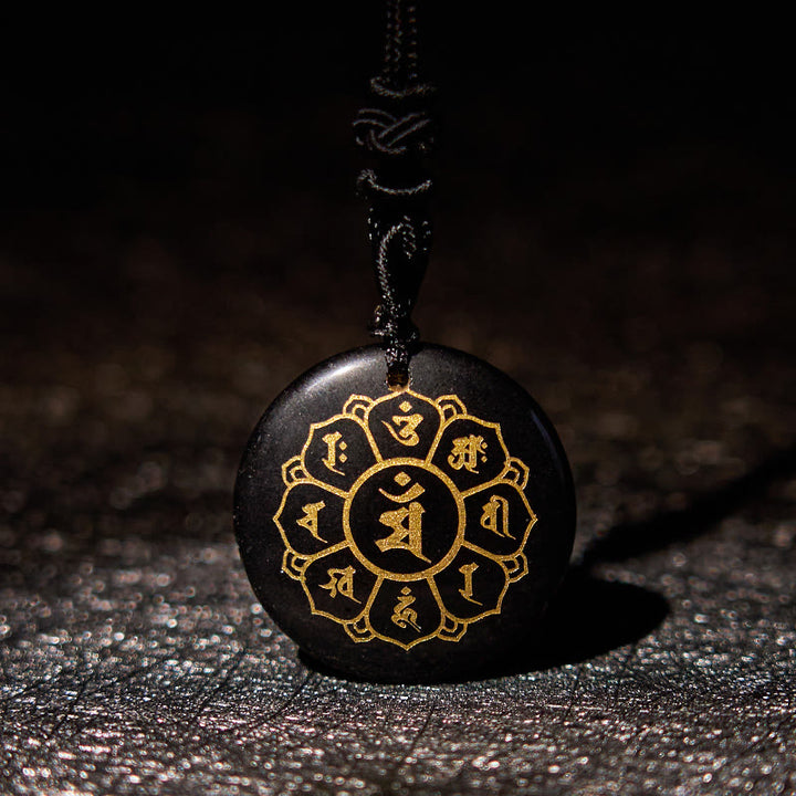 Buddha Stones Om Mani Padme Hum Naturale Vari Cristallo Ossidiana Nera Forza Collana Pendente