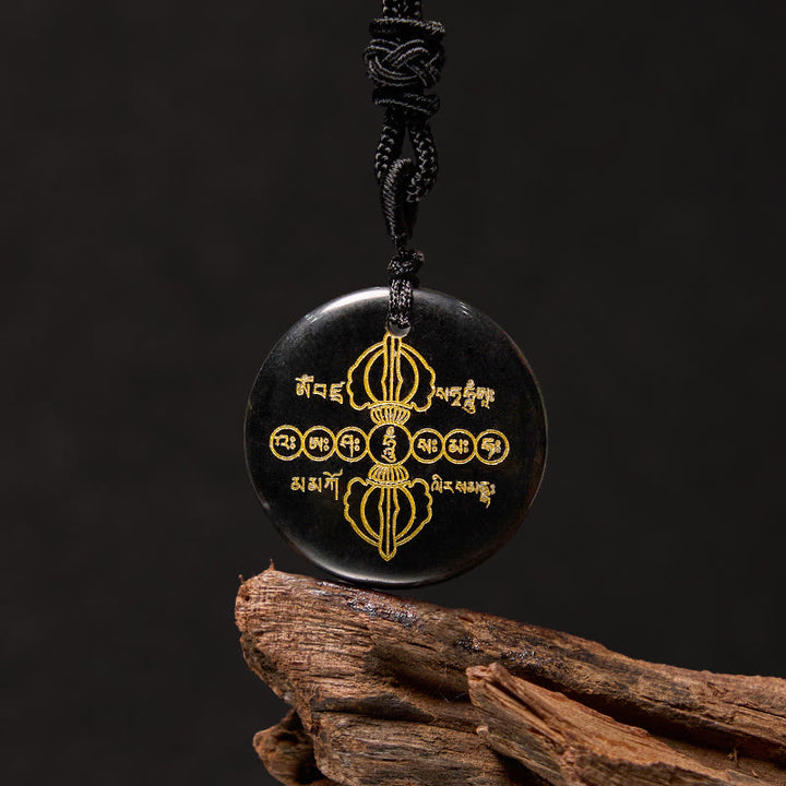 Buddha Stones Vajra Dorje Modello sanscrito Naturale Vario Cristallo Ossidiana nera Collana pendente