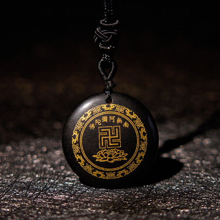 Buddha Stones Svastica Modello di loto Naturale Vario Cristallo Ossidiana Nera Collana Pendente di Purificazione