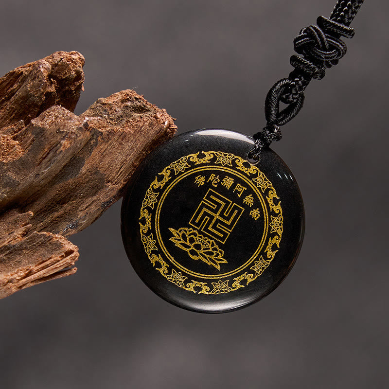 Buddha Stones Svastica Modello di loto Naturale Vario Cristallo Ossidiana Nera Collana Pendente di Purificazione