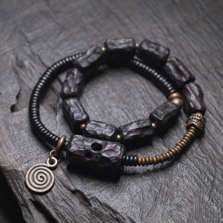 Braccialetto doppio giro Buddha Stones Ebano Legno Rame Ottone Agata Rossa Pace