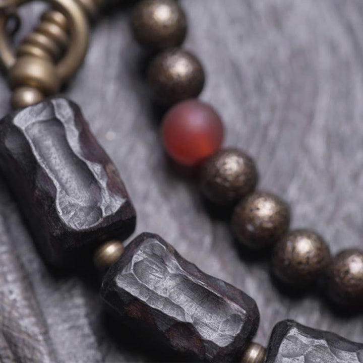 Braccialetto doppio giro Buddha Stones Ebano Legno Rame Ottone Agata Rossa Pace