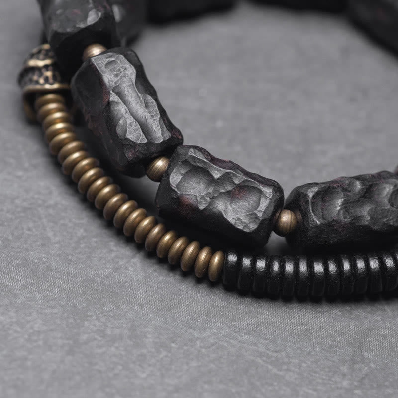Braccialetto doppio giro Buddha Stones Ebano Legno Rame Ottone Agata Rossa Pace