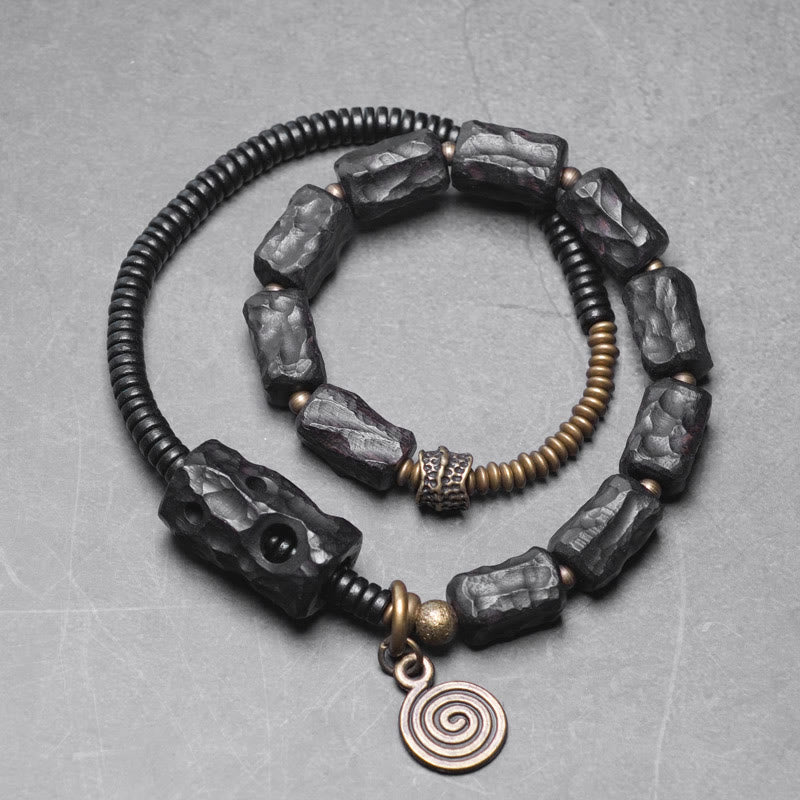 Braccialetto doppio giro Buddha Stones Ebano Legno Rame Ottone Agata Rossa Pace