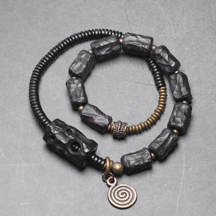 Braccialetto doppio giro Buddha Stones Ebano Legno Rame Ottone Agata Rossa Pace