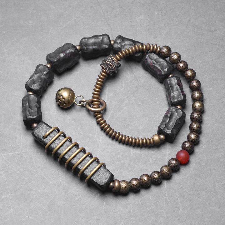 Braccialetto doppio giro Buddha Stones Ebano Legno Rame Ottone Agata Rossa Pace