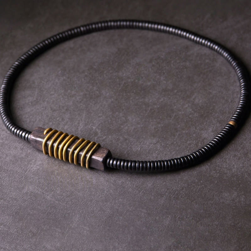 Collana con bracciale a doppio giro in Buddha Stones, in legno di ebano, in ottone e rame, con sfera di equilibrio cubica
