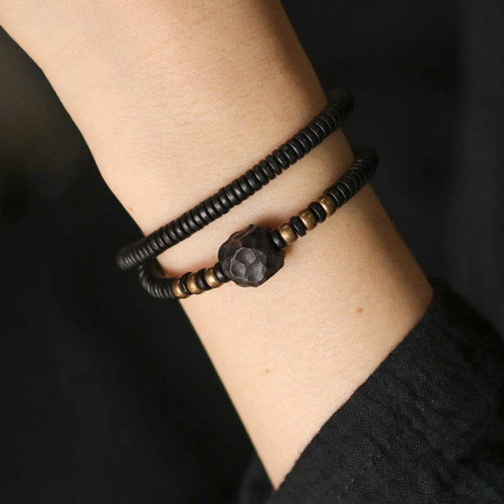 Braccialetto doppio giro Buddha Stones Ebano Legno Rame Ottone Pace
