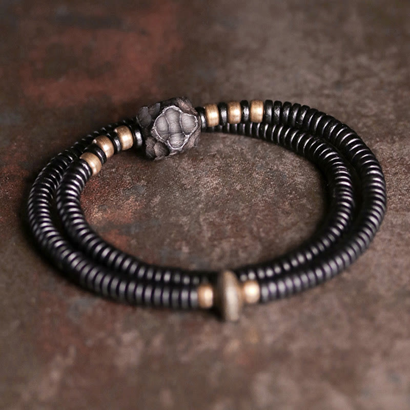 Braccialetto doppio giro Buddha Stones Ebano Legno Rame Ottone Pace