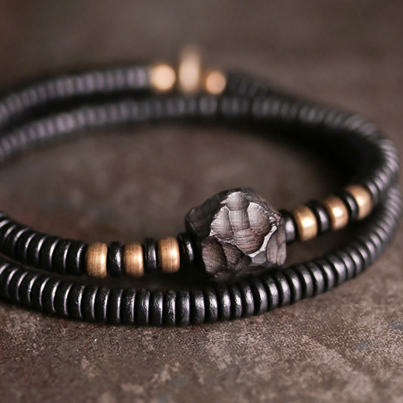 Braccialetto doppio giro Buddha Stones Ebano Legno Rame Ottone Pace