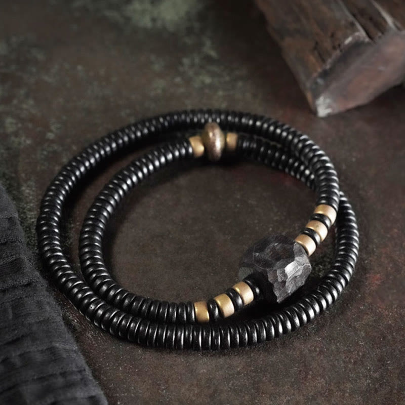 Braccialetto doppio giro Buddha Stones Ebano Legno Rame Ottone Pace